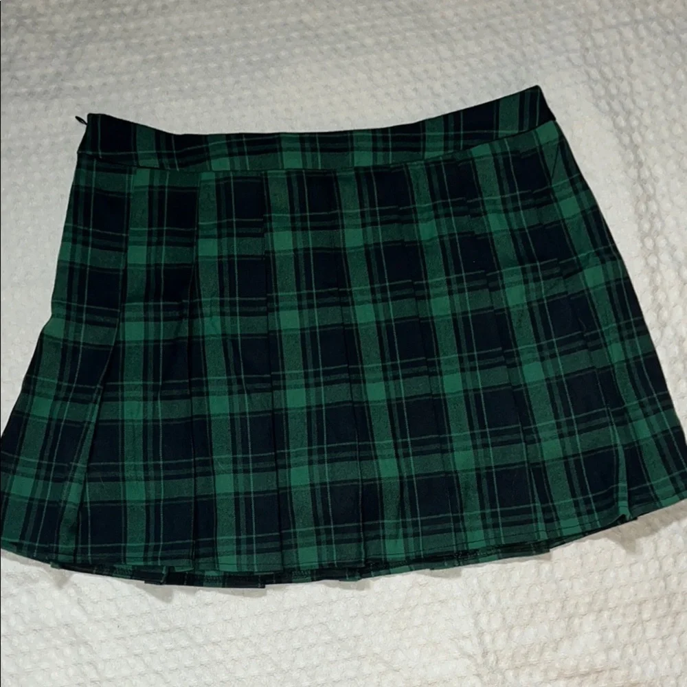 ZHANCHTONG Green & Black Plaid Pleated Mini A-Line Skirt XL High Waist Skater